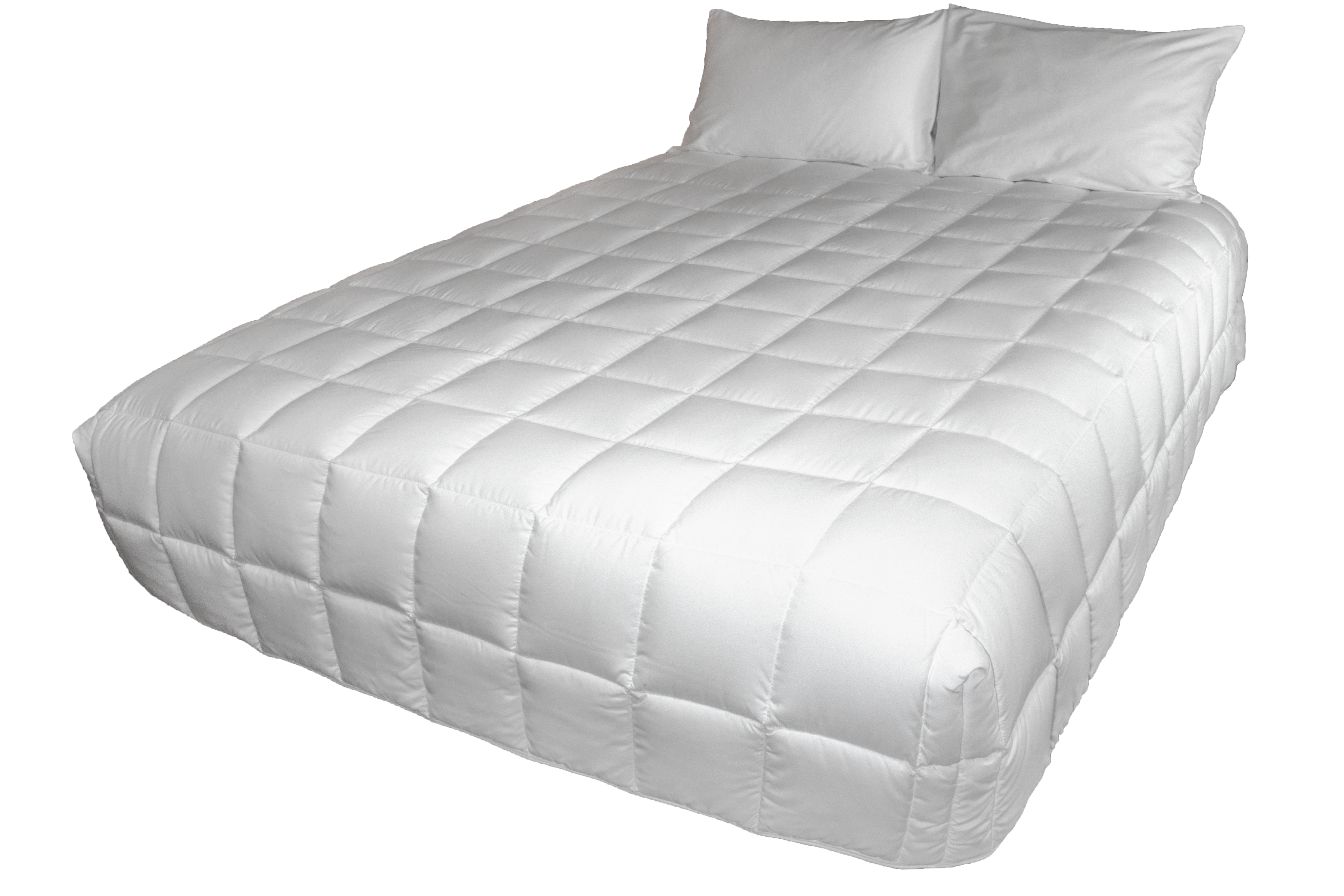 White quilted comforter on a bed with two pillows against a white background